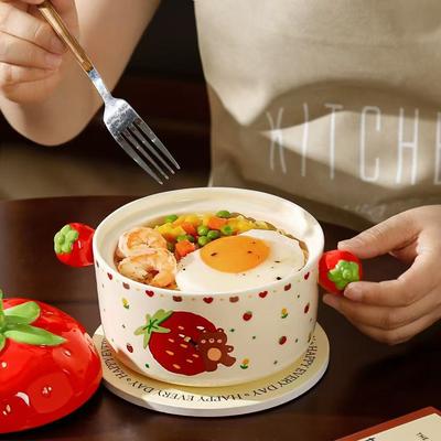 Cartoon Cute Strawberry Bear Dormitory Instant Noodle Bowl Ceramic Milk Huhu Binaural Bowl With Cover High Value Household Anti-Scalding