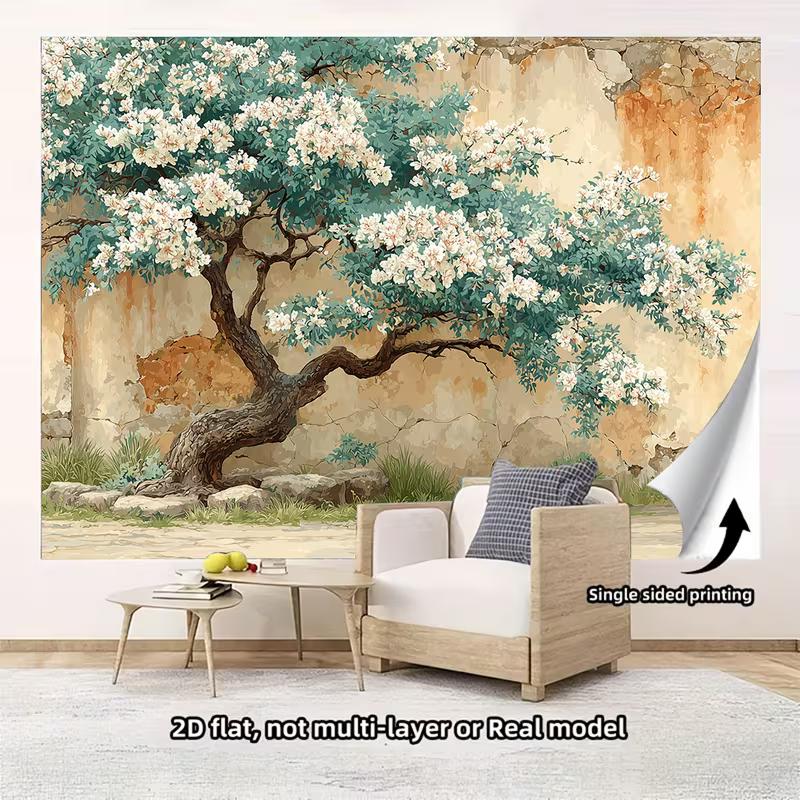 

2D Aesthetic Garden Tree Backdrop, Vintage Mural with White Flowers Wall Decor 47.2x31.5inch/120*80cm