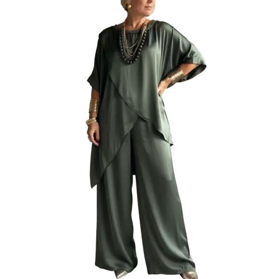 

Жіночі атласні комплекти з 2 предметів, топ з коротким рукавом та асиметричним подолом, штани- палаццо, літні вільні комплекти для дому 2XL зелений
