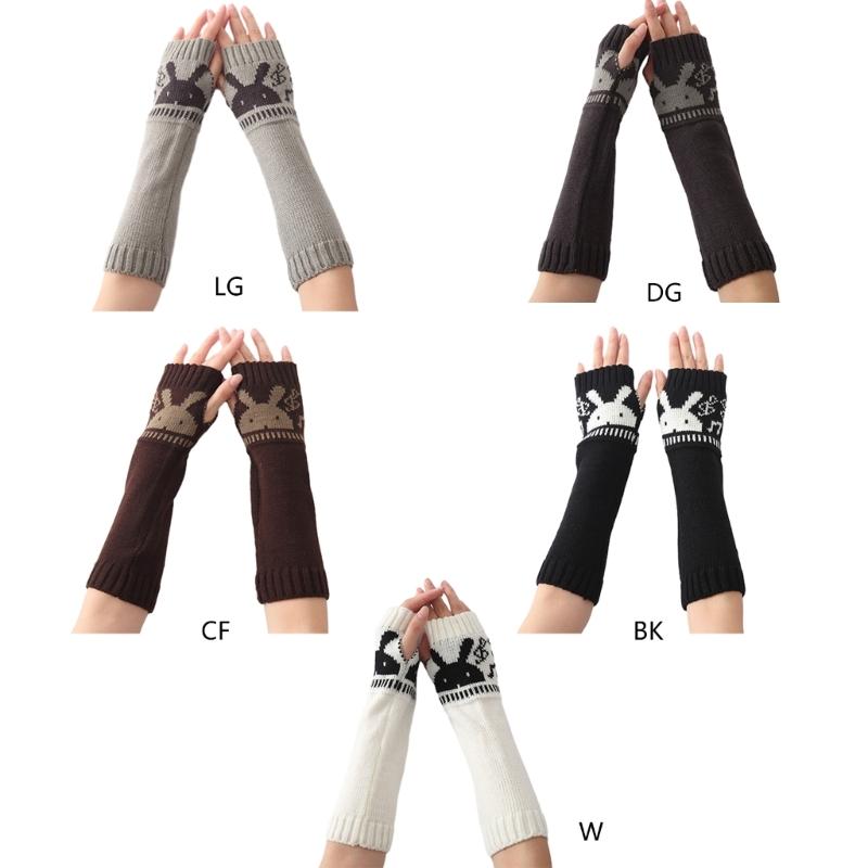 Womens Winter Warm Elbow Long Fingerless Thumb Hole Gloves Mittens Knitted Arm Warmer Cute Rabbit Fingerless Glove