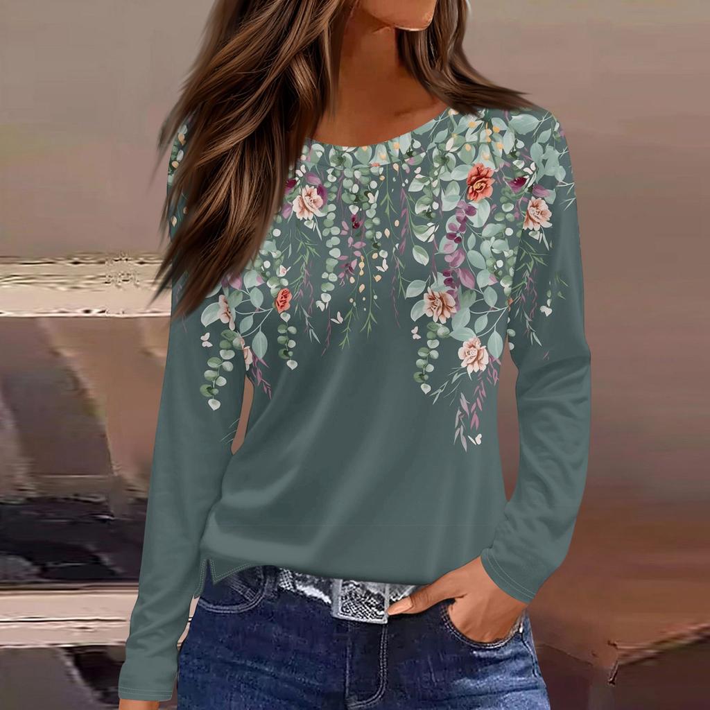 Dames casual T-shirt met split aan de zoom, ronde hals, lange mouwen en losse print.