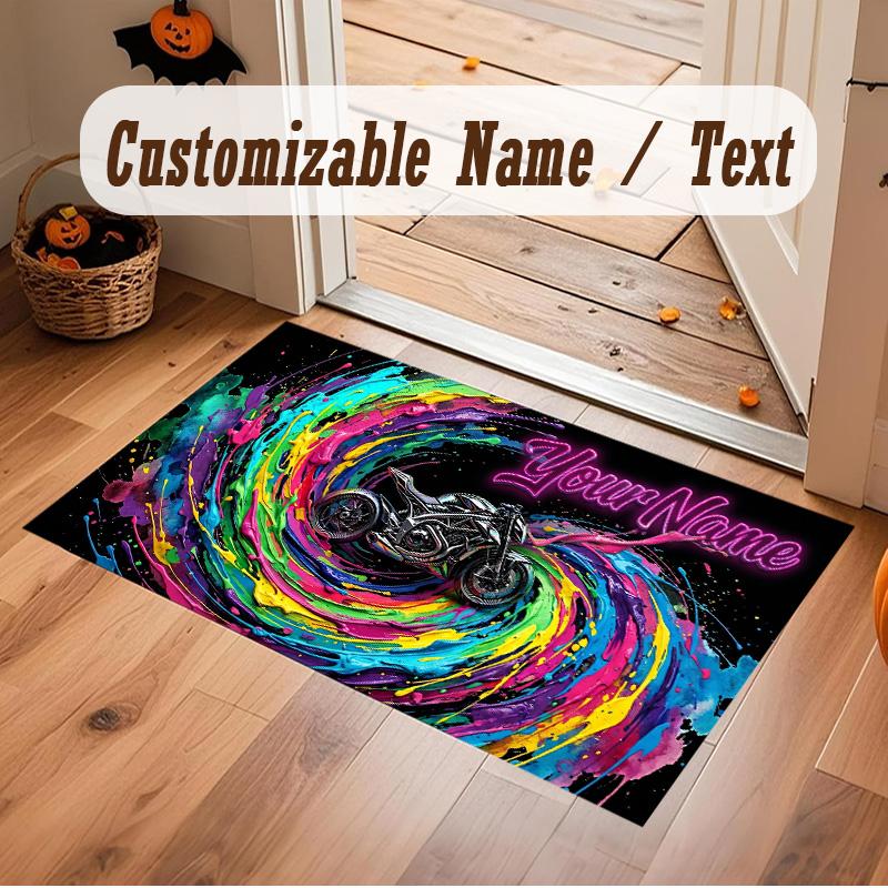 Motorcycle Biker Theme Soft Crystal Velvet Rug Custom Name & Text Print Non Slip Floor Rug for Bedroom Living Room