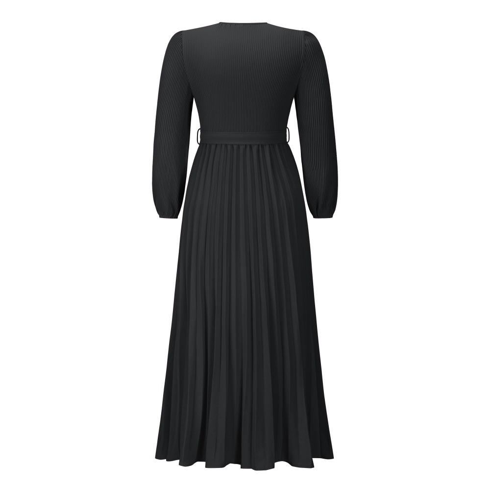 Women V Neck Long Sleeve Pleated A Line Solid Color Lace Up High Waist All Match Dresses S-XXL