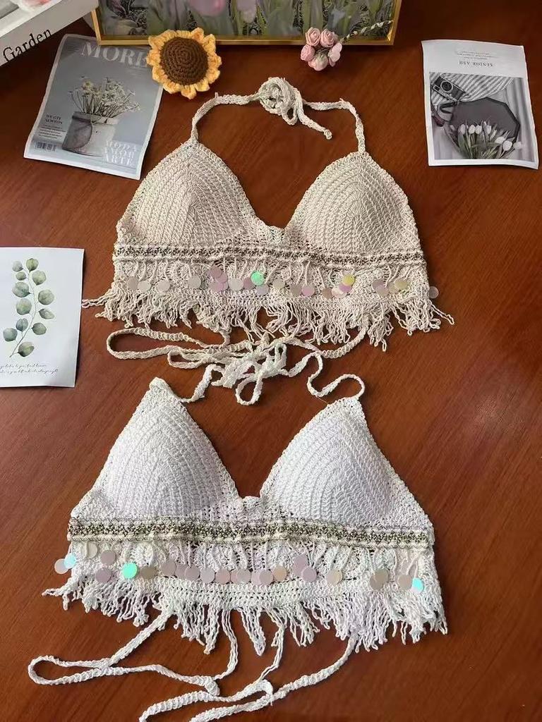 Neuer hohler Häkelstrick-Kleiner Träger Damen-Heißquellenurlaub Strand-Bikini Vielseitiger Nackenband-Brustpolster-Weste