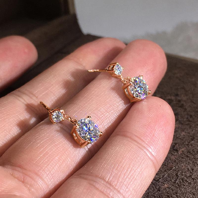 Gold Plated Double CZ Drop Earrings, Dainty Chain Two-Stone Sparkling Studs for Women