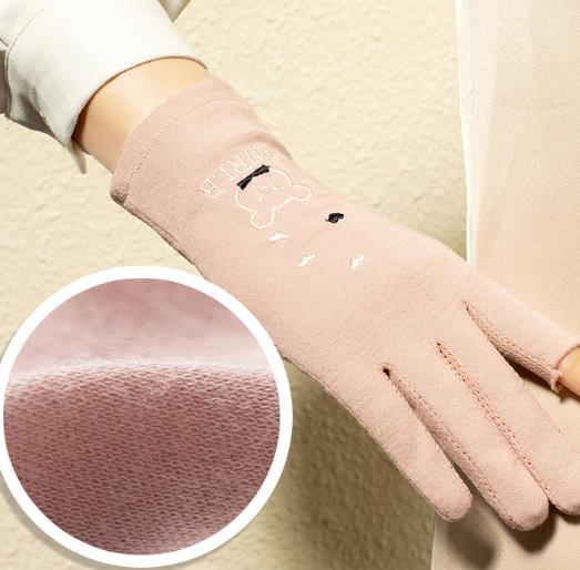 Women's Cute Bear Embroidery Sun Gloves, UPF 50+ UV Protection, Breathable Mesh, Fingerless Gloves for Driving