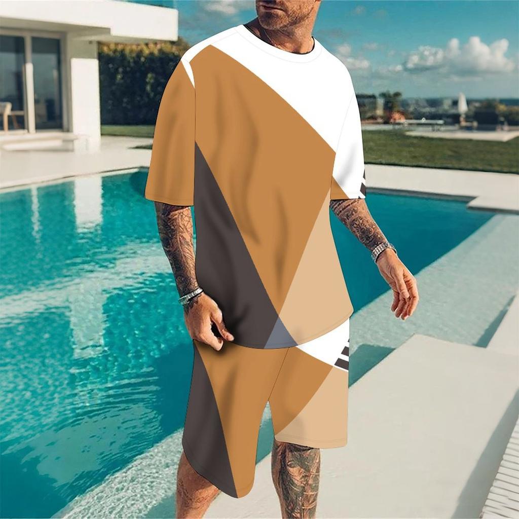 Men Blue Grey Speckled Gradient Short Sleeve Tee And Matching Knee Shorts Two Piece Outfit