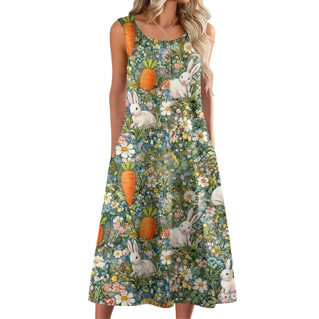 Dámské módní ležérní bezrukávové knoflíkové velikonoční potisk šaty s kapsou