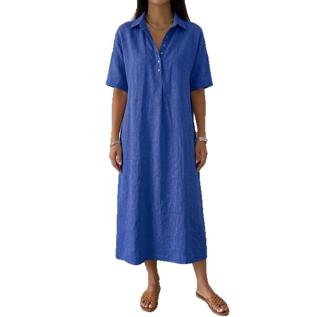 Spring Summer Linen Short Sleeve Polo Collar Straight Casual Dress, Comfortable Loose Dress for Women, Leisure