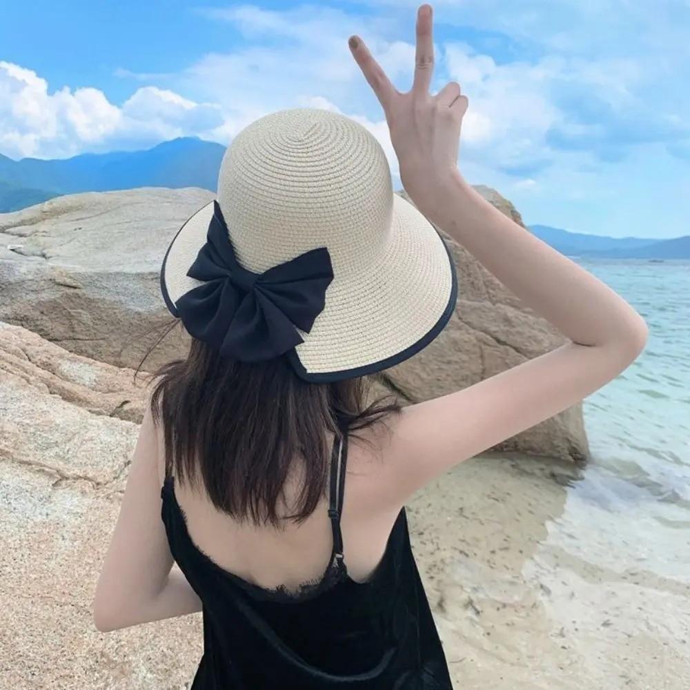 Wide Brim Straw Weave Sun Hat Large Bow Bowknot Sun Cap Fashion Sunscreen Bucket Hat Outdoor