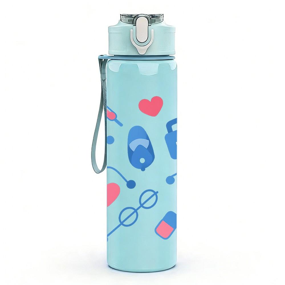 1PC Medical Stethoscope Heart Icon Print 750ml Color Plastic Sports Water Bottle Leakproof Flip Straw Lid Suitable for Sports Office Home Use