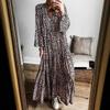 Abito lungo da donna con scollo a V e bottoni, con stampa leopardata, primavera e autunno