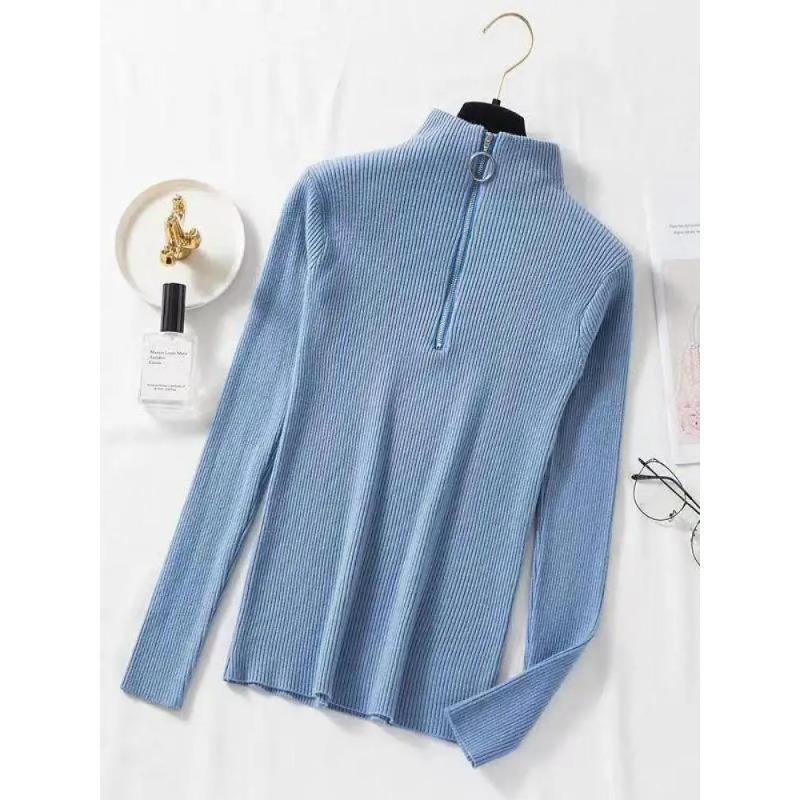 Women Fashion Solid Knitted Sweaters Vintage Long Sleeve Zip-up Basic Half Turtleneck Sweater Female Pullovers Chic Casual Tops