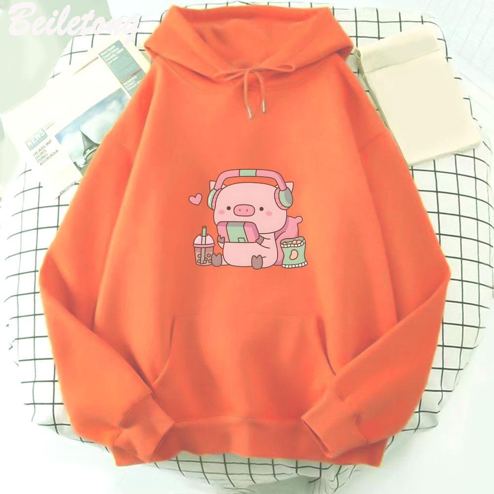 Cute Little Piggy Gamer with Headphones Hoodies Women Kawaii Streetwear Sweatshirts Graphic Pullovers Clothing