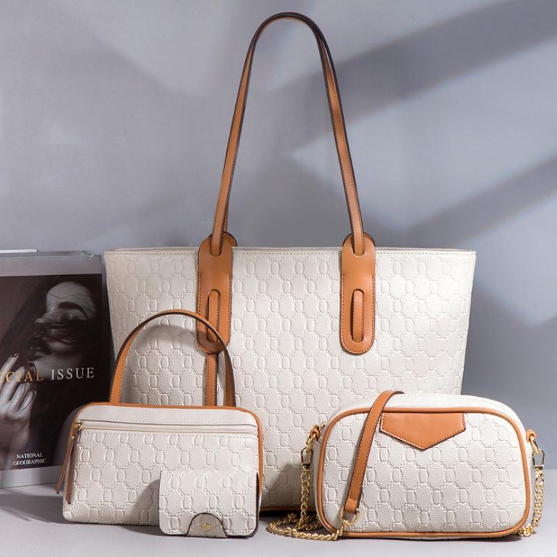 New Embossed Large Tote Bag High Quality PU Ladies Handbag Trendy Single Shoulder Oblique Span Bag Large Capacity Women's 4 Pcs Set Mother-child Bag
