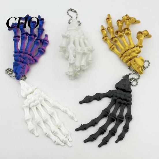 Movable Joint Pendant Skeleton Hand Keychain, with Hanging Chain 3D Printed Ornament, Unique Design Skull Palm Stress Relief Toy for Halloween