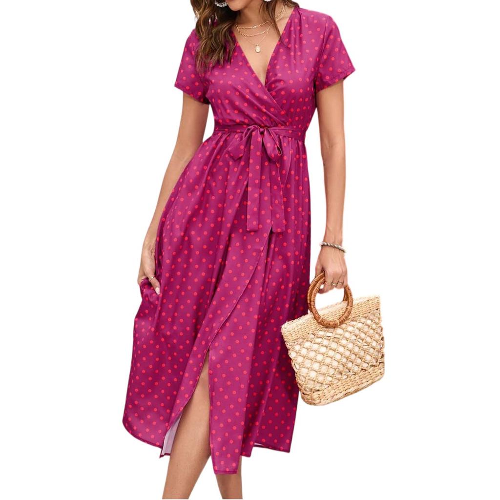 Dámské šaty Tištěné V-výstřih S pasem Středně dlouhé Krátký rukáv Rozparkové šaty