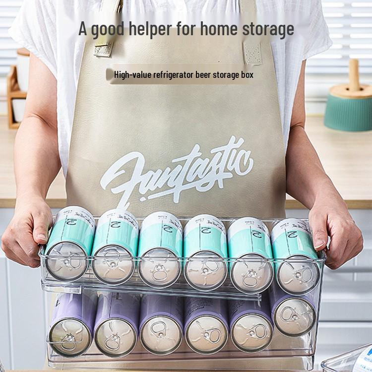 Japanese Transparent Pull-Out Beverage Organizer for Cans in Refrigerator