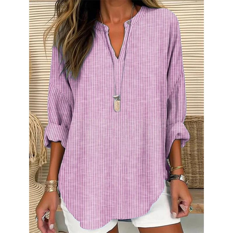 Women's Henley V Neck Long Sleeve Loose Solid Linen Blend Tunic Top Plus Size Casual Blouse