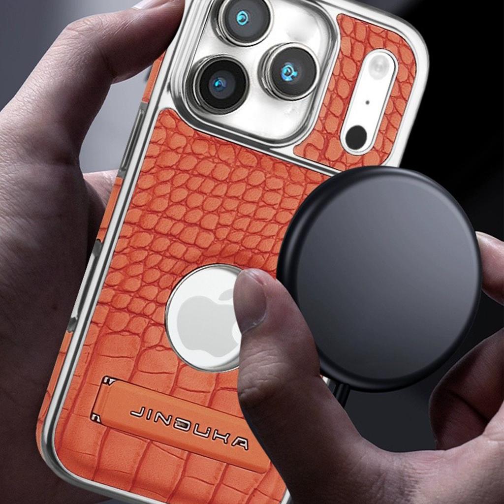Luxury Crocodile-Patterned Leather Magsafe Case For iPhone 17 16 15 14 13 12 11 Pro Max 17Air With Folding Stand Flannel Lining