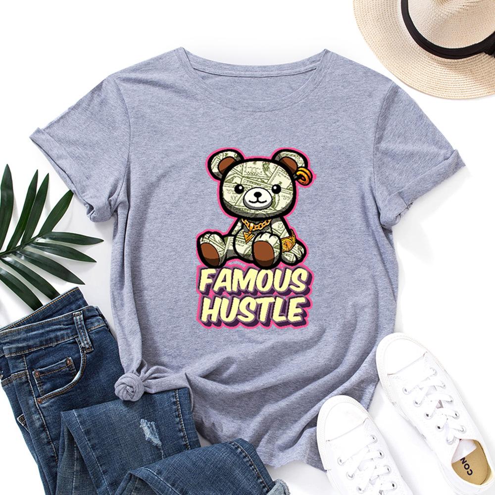 Famous Hustle Cotton T-Shirt Short Sleeve Round Neck Women 2d Print Tops