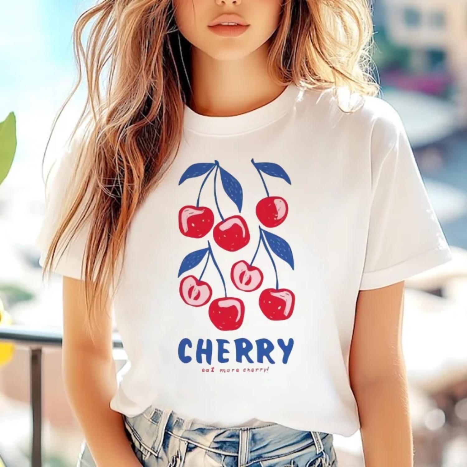 

Women s Printed Cherry Pattern Cartoon T-Shirt Casual Round Neck Short Sleeved Top Harajuku Summer Women s Trendy Vacation Top XXXXXL