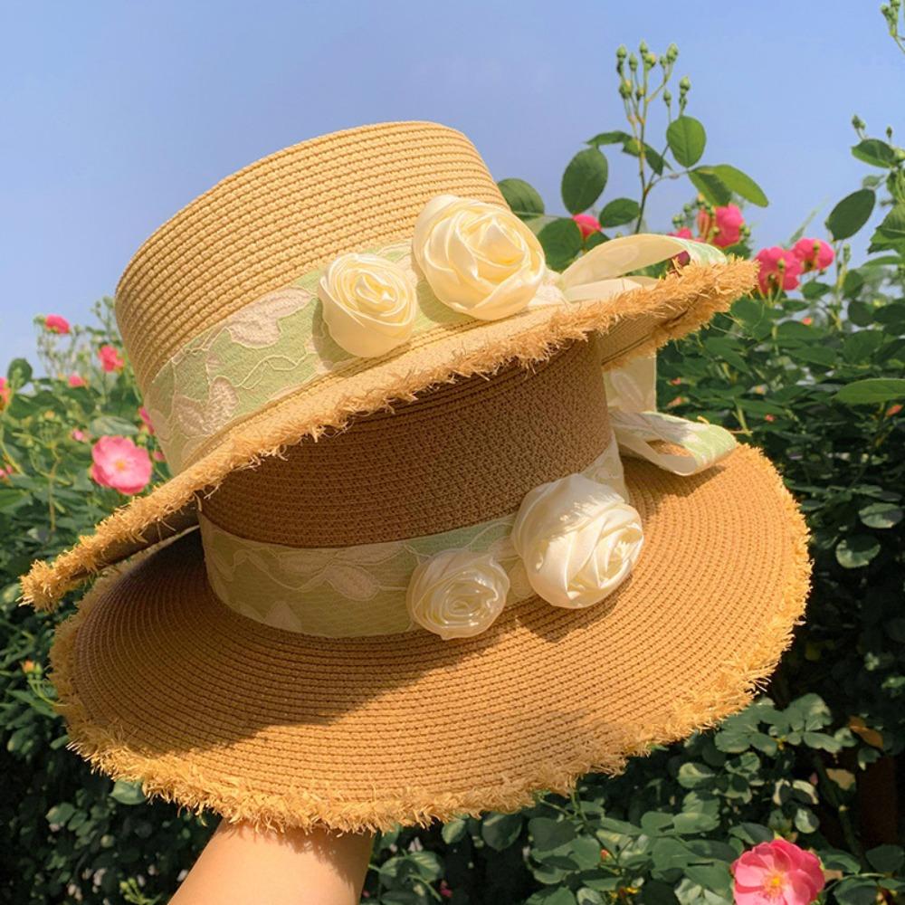 Wide Brim Lace Floral Brim Cap Flat Top Women's Sun Hat Sunshade Sunscreen Hat Vacation