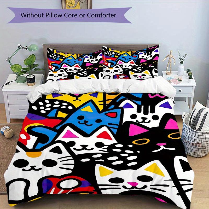 3pcs Colorful Cats Bedding Set, Ideal for Home Use, Suitable for Bedroom Decor (1*Duvet Cover + 1/2*Pillowcases, No Core) Yy250821232