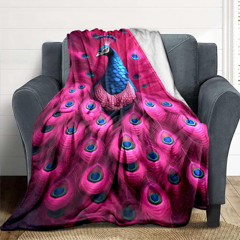 1pc Peacock Feather Print Blanket Lightweight Blanket Throw Blanket For Sofa, Bed, Travel, Camping, Livingroom, Office yy251010044 75x90cm