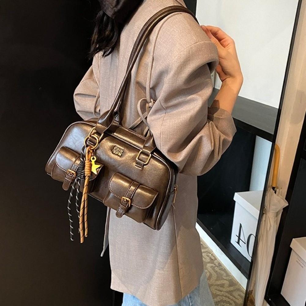 Solid Color Bowling Bag PU Leather Hobo Bag Portable Leather Shoulder Bag  Children