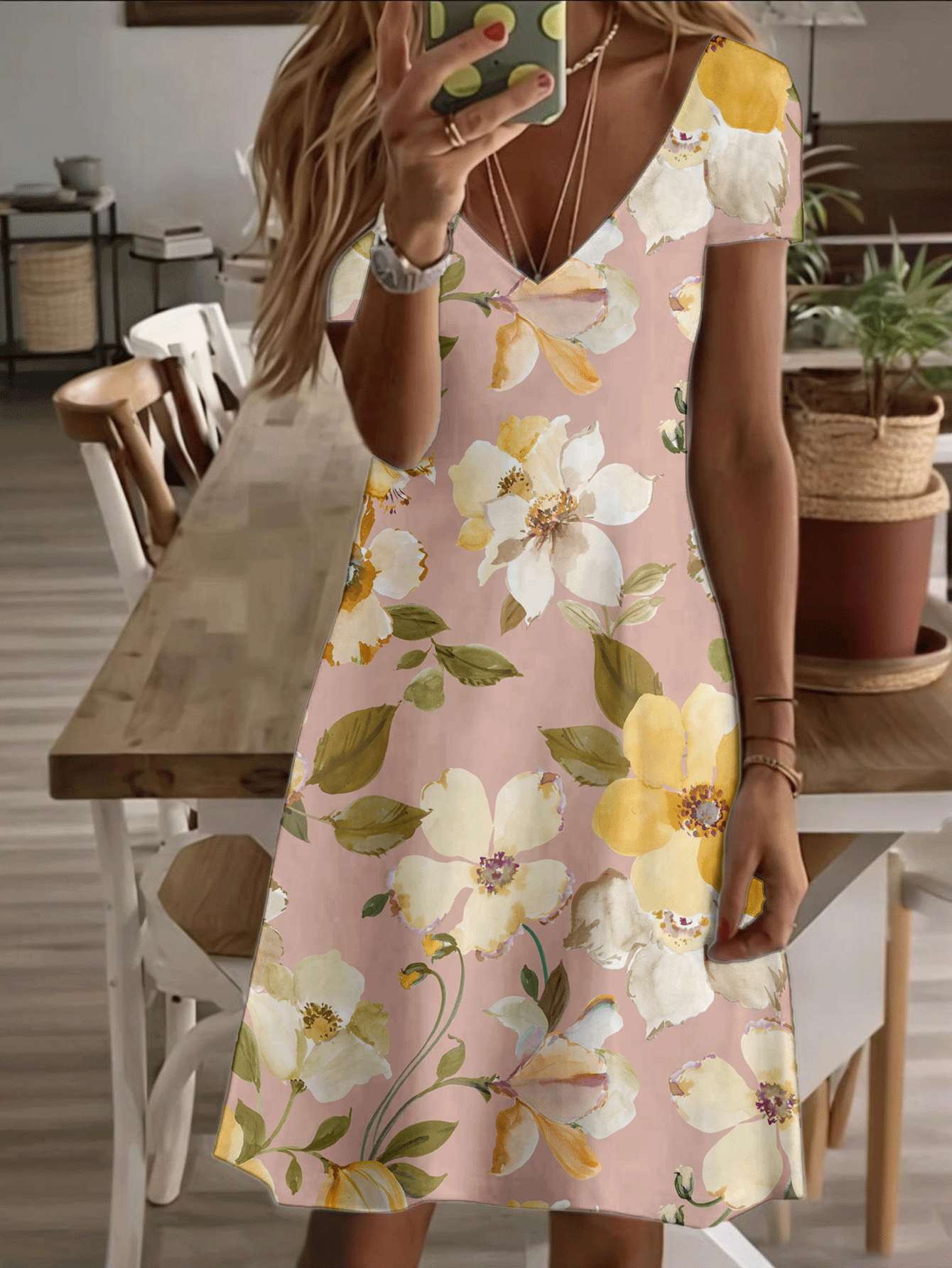 

Vneck shortsleeve midi dress floral women dress yellow white blossom print 3D highquality durable casual fashion elegant summer outfit breathable ligh 9XL дубильна кора