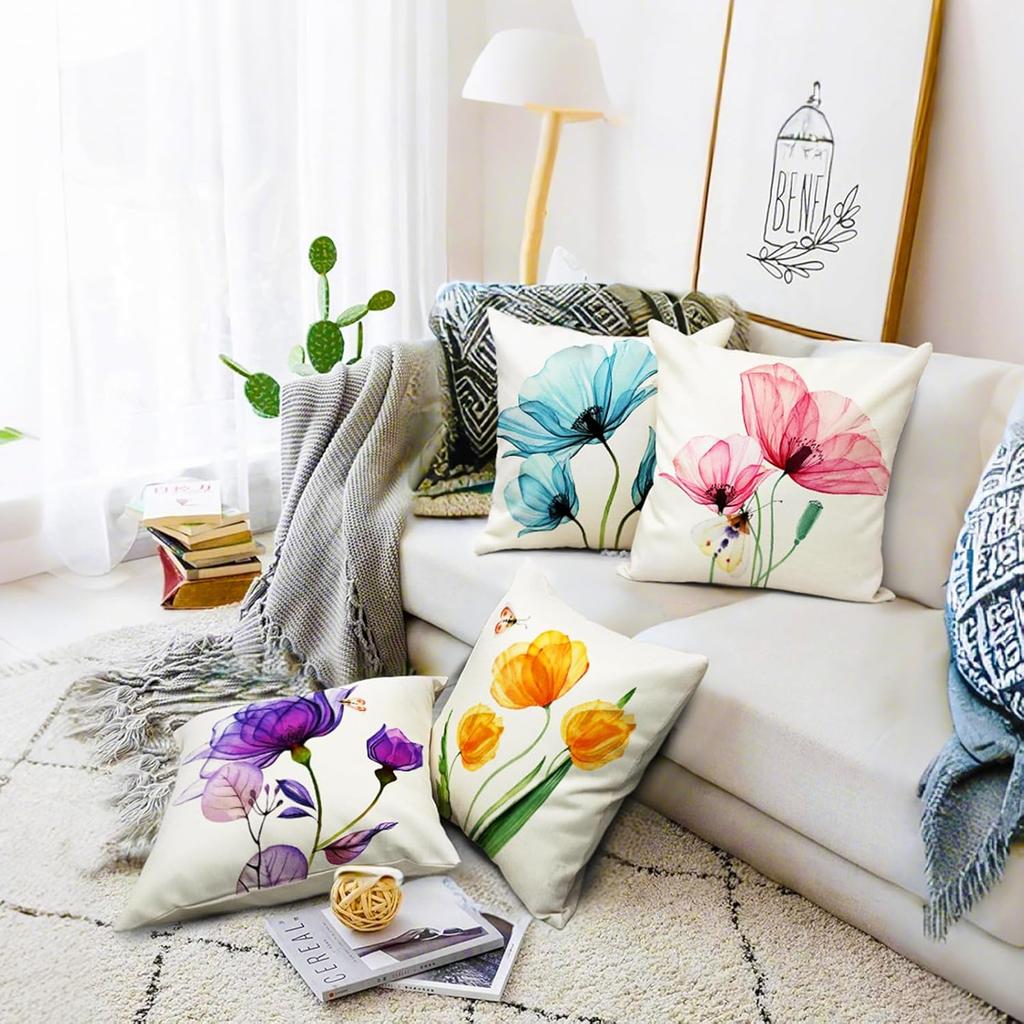 Flower Decorative Throw Pillow Covers 18x18 Inch Watercolor Floral Farmhouse Cushion Cover 4 Pcs Pink Yellow Purple Blue Tulip Pillow Case for Couch