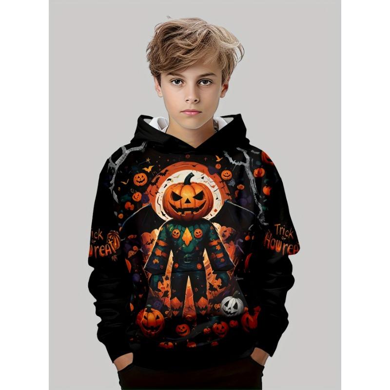 Boys' Halloween Pumpkin 3D Print Hoodie Outdoor Sportswear with Pockets Long Sleeve Spring Autumn Outdoor Pullover Childs Tops