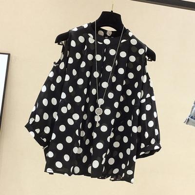 Dot Large Size Neck Printing Off Shoulder Round Long Sleeve Polka Elegant Loose Summer Pullover Shirt Top