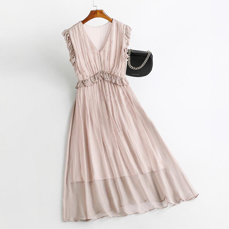 

Summer 2025 Long Mulberry Silk Spaghetti Strap Dress - Fairy Beach Style Medium