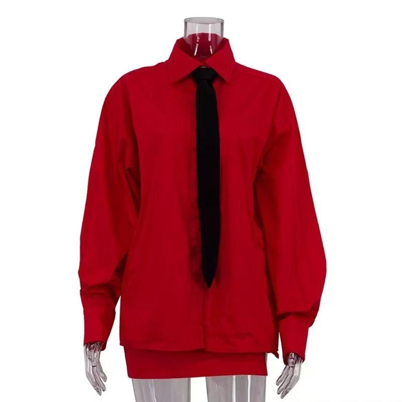 

Western Style Long sleeve Tie Shirts Split Bundle Hip Skirt Set Tie Shirt and Skirt Set Red S