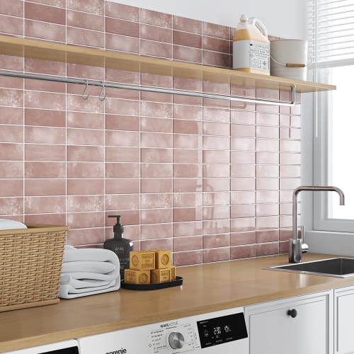 VEELIKE Waterproof Heat-Resistant Tile Sheets, 6 Sheets, 30x30cm Square, Marble Brick Pink Glossy Tile Stickers, 3D Wallpaper Stickers, Mosaic Wall St