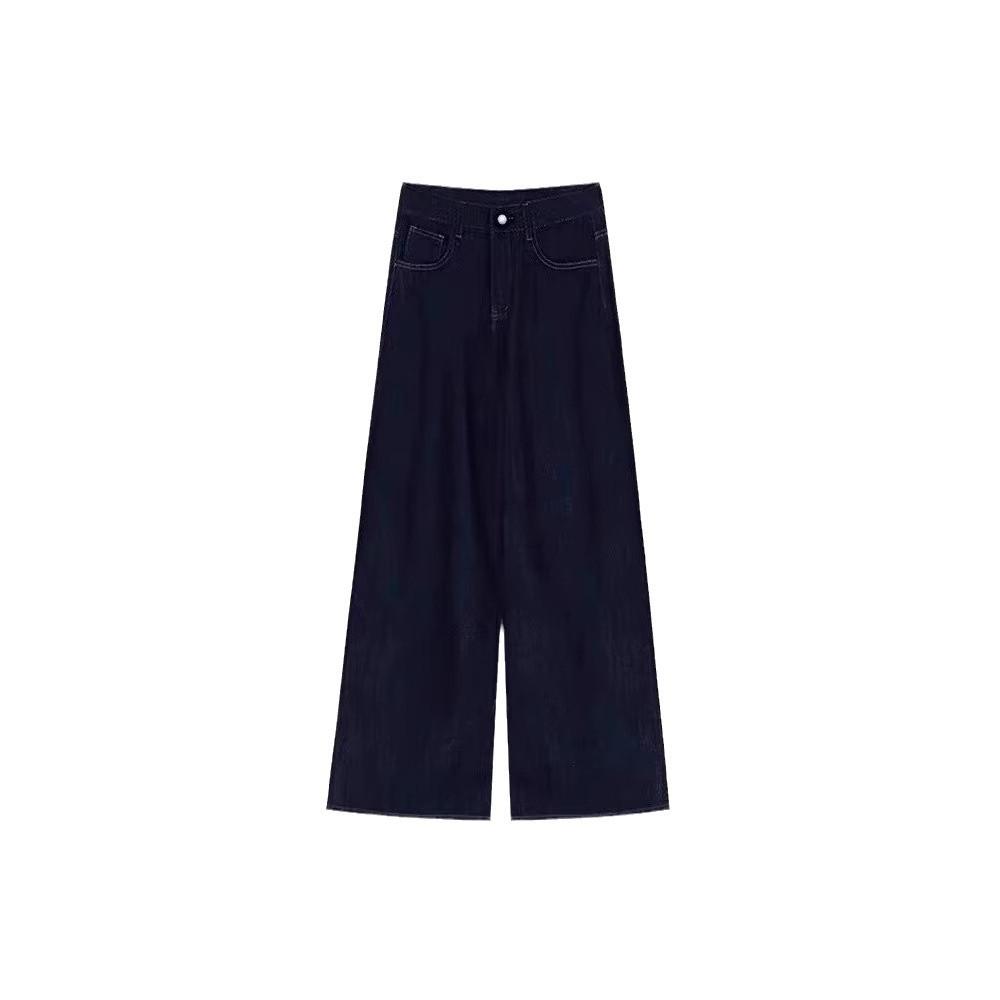 Women's Plus Size Dark Blue Retro Wide-Leg High-Waisted Jeans - Autumn/Winter Straight-Leg Floor-Length with Plush Lining
