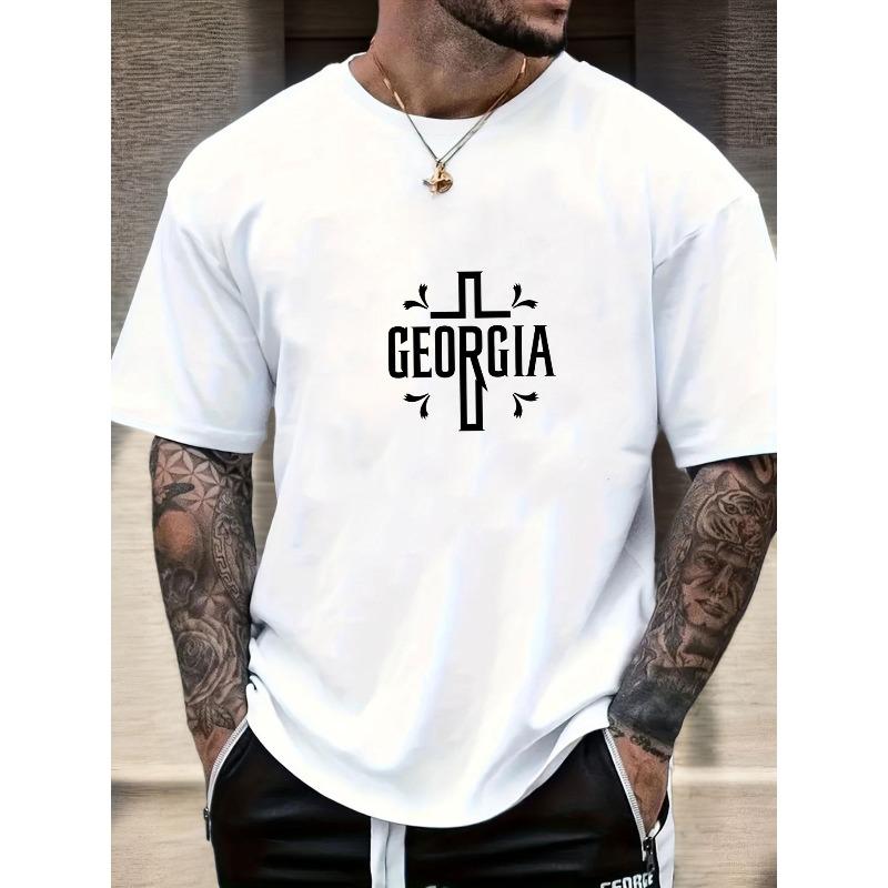 

Мужская летняя повседневная футболка с коротким рукавом и круглым вырезом, европейский размер, ГРУЗИЯ, английский узор S белый