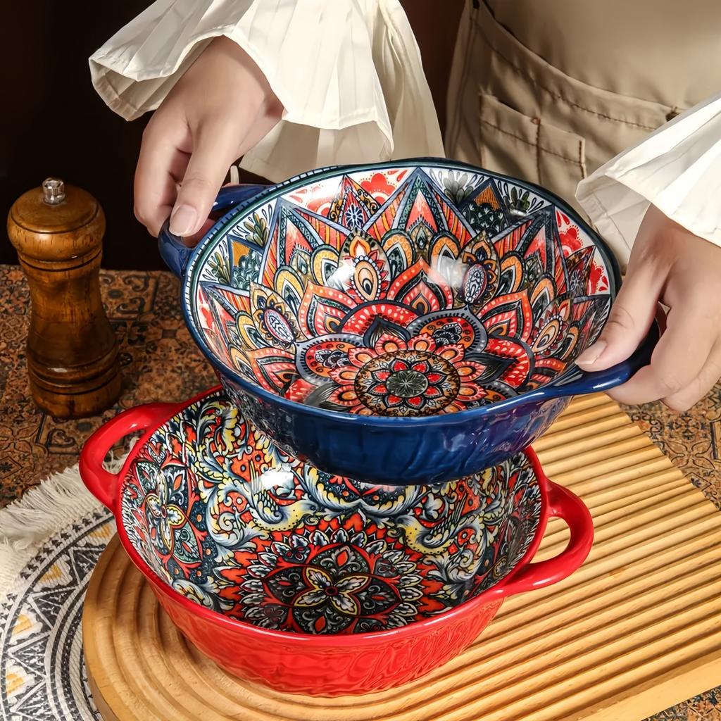 Keramische Suppenschüssel im Bohème-Stil mit Griff Mikrowellengeeignet Geprägtes Design Ideal zum Servieren von Suppen Salaten Ramen-Nudeln