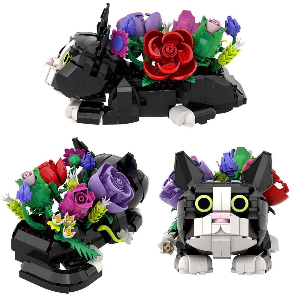 Cat Flower Bouquet Succulent Planter Building Blocks Set Creative Plants and Animals Model Decoration DIY Bricks Toys Xmas Gifts