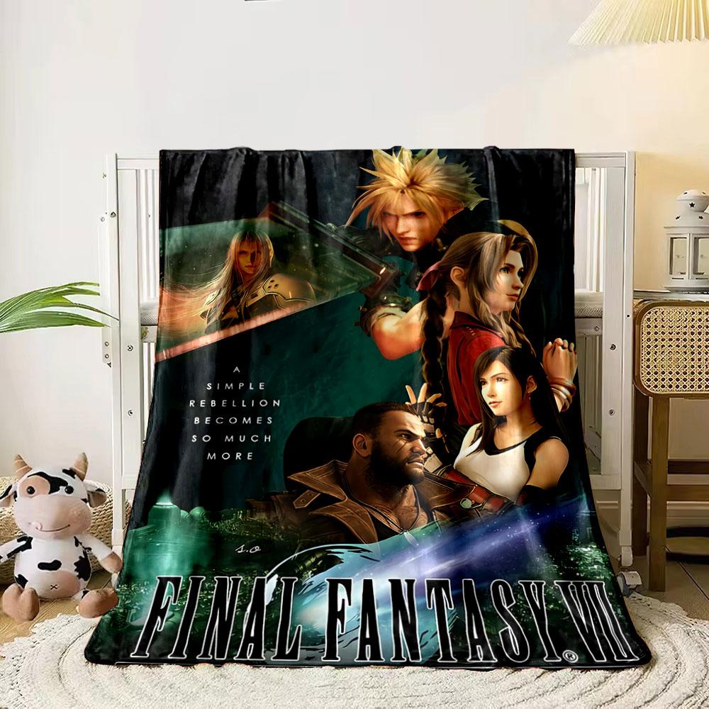 Group of characters with a futuristic cityscape and glowing sword reflection. for all seasons blanket lunch break throw gift 80cm x 120cm