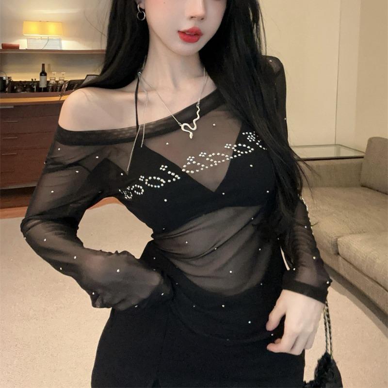 

Hot Girl Starlight Sparkling Hot Diamond Design Mesh Top Female Pure Desire See-through One-line Off-shoulder Sexy Long Sleeves S чёрный