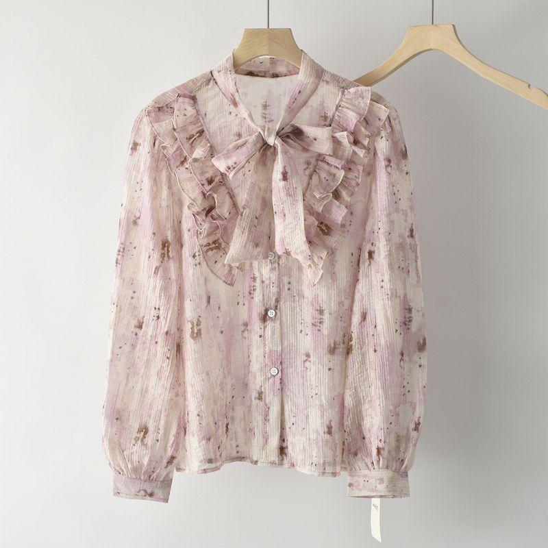 

Блузка с шнуровкой и оборками, женская весенняя стильная милая в ретро-стиле, мягкая, эластичная, свободного кроя, верхняя одежда из шифона Pink All yards