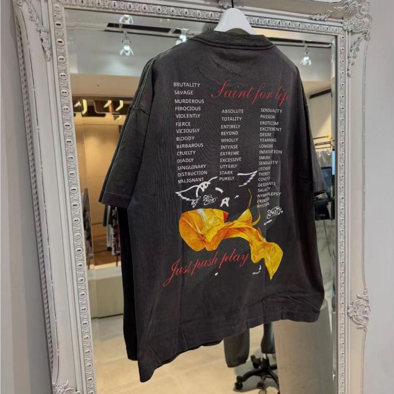 SAINT Mx6 Collab SS26 Anime Character Letter Print Distressed Cotton Tee Unisex Streetwear