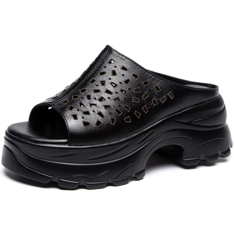 Leather platform slippers women's summer new outer wear hollow hole shoes versatile open-toed high-heeled sandals