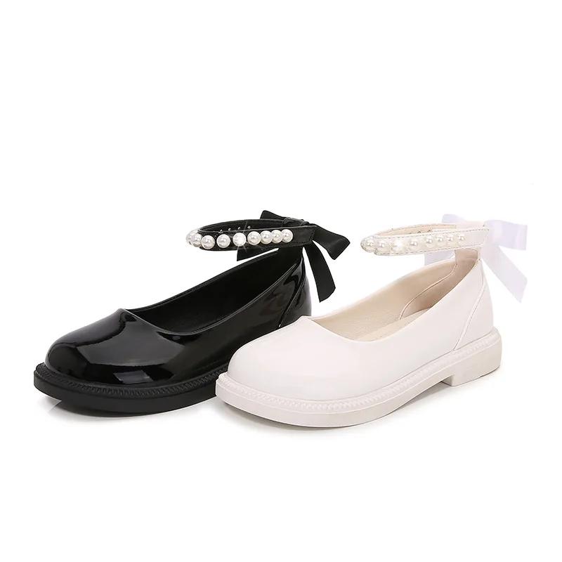 Black Shoes for Girl Back Bow Ankle Strap Sweet Children Leather Shoes Round Toe Beading Glossy Fashion Kid Autumn School Shoes