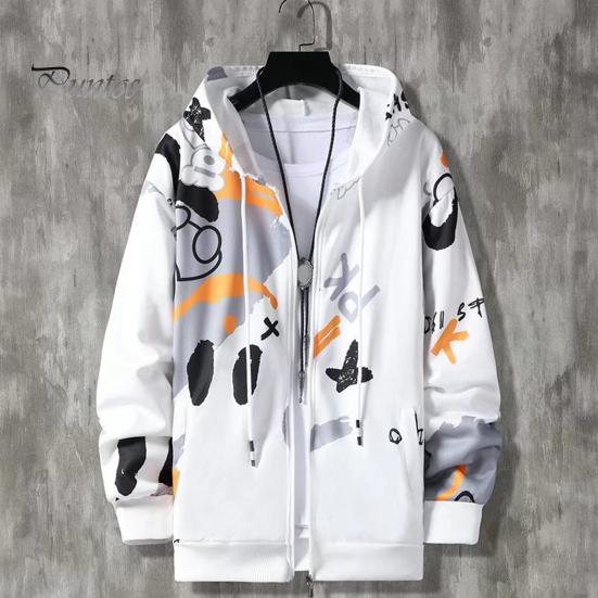 2 Pcs/Set Men Coat Pants Suit Hooded Letter Print Drawstring Zipper Closure Loose Elastic Waist Hip Hop Ankle-banded Men Sportwear