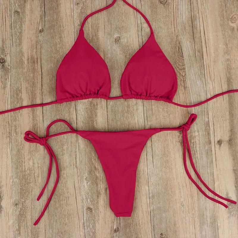 

Solid Color Neck Hanging Backless Swimsuit Pure Color Halter Backless Swimsuit Female Claret XL