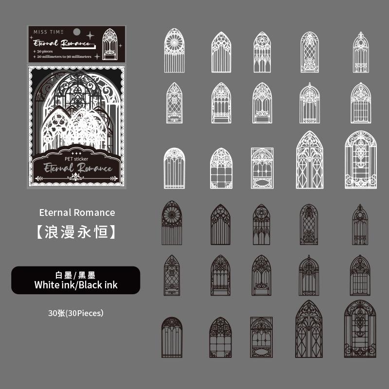 

30pcs No Repeat Vintage Black & White Lace Sticker Set, European Old Style Journal Collage Material, Student Stationery DIY